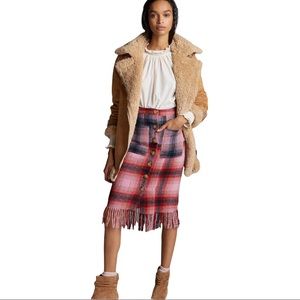 NWT Maeve Plaid Fringe Midi Skirt in Pink Plaid